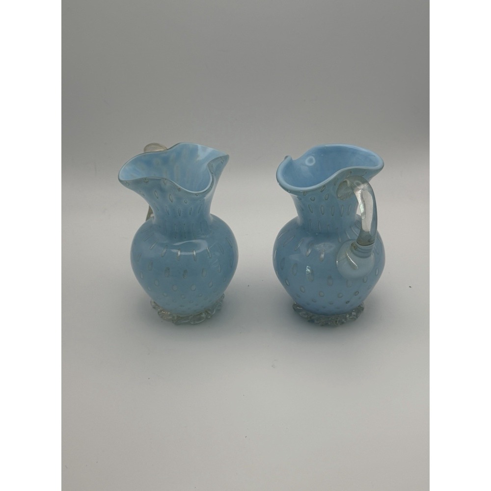 Vtg Pair Blue Opalescent Coin Spot Glass Mini Pitchers Creamer Applied Handle